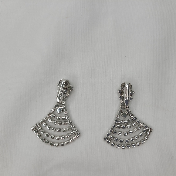 RARE Vintage Sherman Dangle Clip On Earrings Silver Tone Rhinestone Signed - Picture 4 of 7